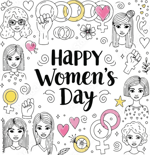 International Women's Day Celebration Vector Background with Diverse Portraits and Feminist Symbols