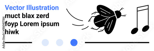 Black flying insect with detailed wings, motion trails, and music notes representing sound. Ideal for science, nature, sound effects, entomology, motion, creativity and a simple landing page