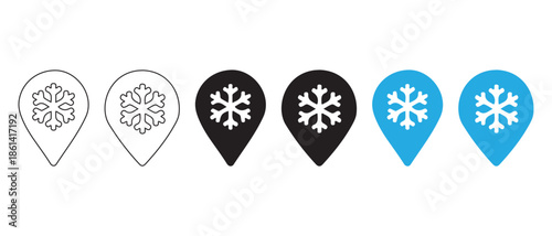 Snowflake Location Icons. Line, Black, and Blue Pin Markers Set.