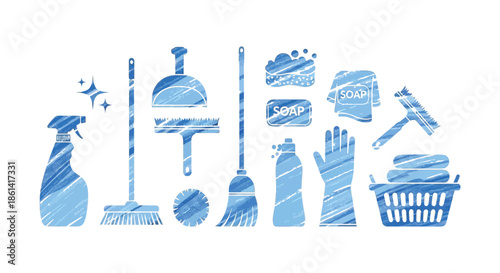 A blue illustration depicting various cleaning tools and supplies arranged in a horizontal line