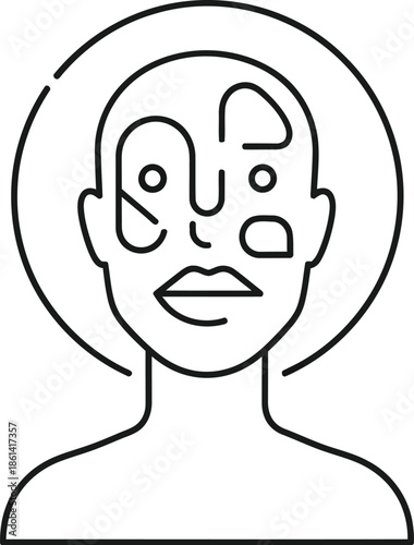 Abstract line art icon representing a person’s face overlaid with various shapes symbolizing skin conditions emotional complexity or abstract identity concepts in minimal style