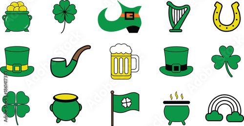 St Patricks Day Icons Collection Pot Of Gold Beer ireland