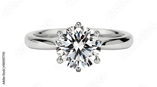 Luxury diamond engagement ring in modern minimalist design with bright white diamond and silver band in soft studio lighting for jewelry advertisement