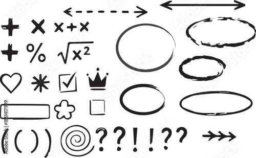 Hand drawn doodle set with mathematical symbols hearts crowns and various shapes