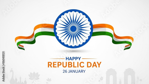 Indian republic day celebration graphic with ashoka chakra and tricolor ribbon on white background