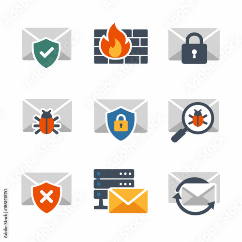 Email security icons: virus protection, firewall, encryption, spam, backup