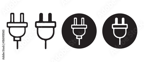 Electrical Plug Icons. Line Art and Filled Circle Styles on White Background.