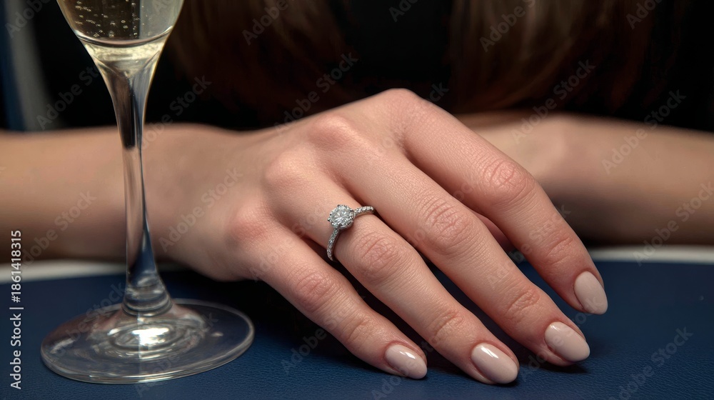 Obraz premium Woman showing off her engagement ring while enjoying champagne in luxury setting
