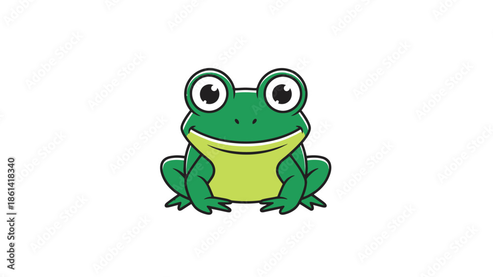 Fototapeta premium Cute Green Frog with Big Eyes Smiling Happily.