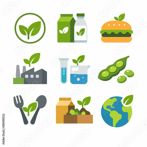 Eco-friendly icons: sustainability, food, packaging, energy, science