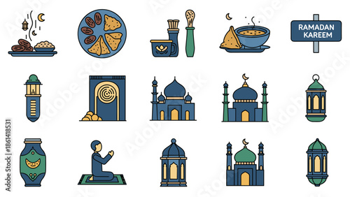 Vibrant Ramadan Kareem icons set for cultural celebrations, Generative AI.