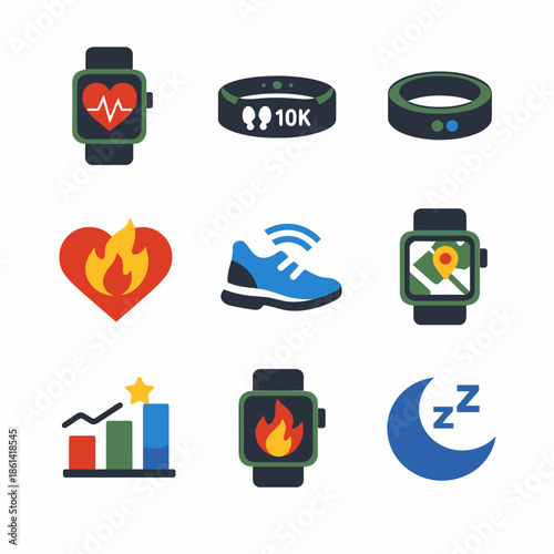Smartwatch fitness tracker icons with health and exercise symbols