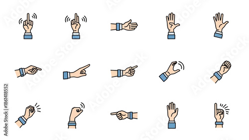 Set of diverse hand gestures and movements in a doodle style.