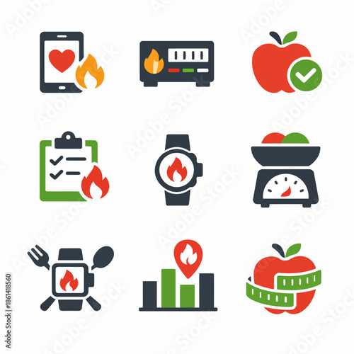 Fitness and health icons: nutrition, exercise, monitoring, wellness tools