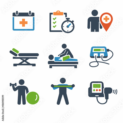 Healthcare and fitness icons: calendar, checklist, therapy, exercise, monitoring
