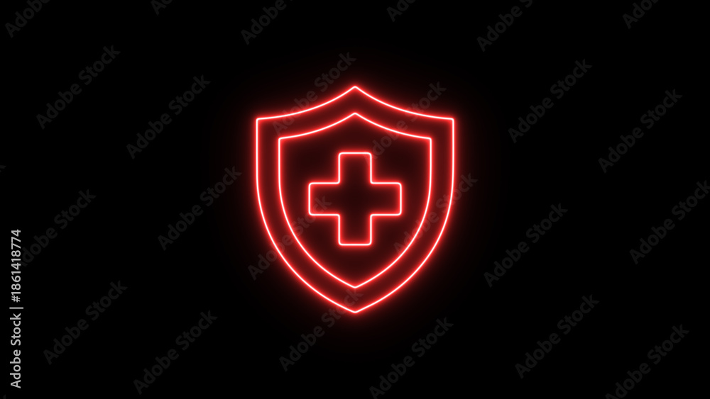 Obraz premium Red neon shield with medical cross symbol on black background
