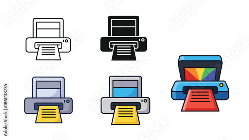 Colorful illustrations of various printer designs and styles, Generative AI.