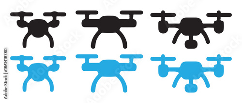 Set of six drone icons, black and blue, isolated on white background.