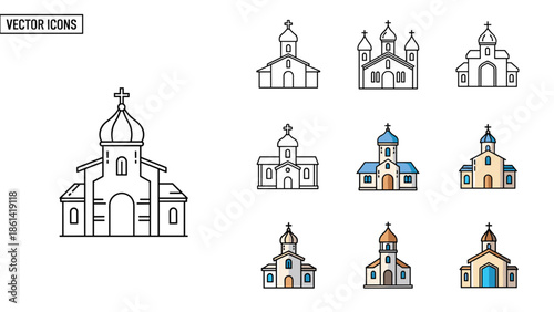 Collection of various church buildings and icons in different styles, Generative AI.