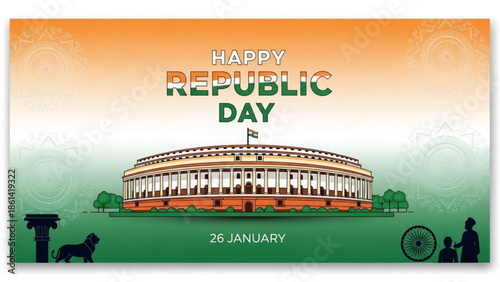 Indian republic day greeting card with parliament building illustration, orange and green gradient background, 26 january text, silhouettes of people and ashoka pillar