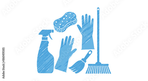 A collection of blue cleaning supplies including a sponge spray bottle gloves and broom