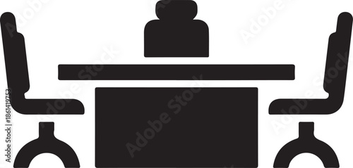 A meeting scene with a person at a desk and two chairs in a professional office setting viewed from the side