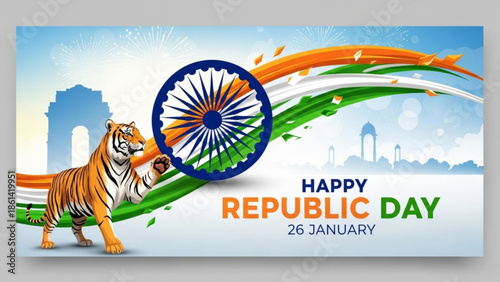 Indian republic day banner with tiger and flag colors, patriotic illustration, national pride, india independence day, 26 january celebration