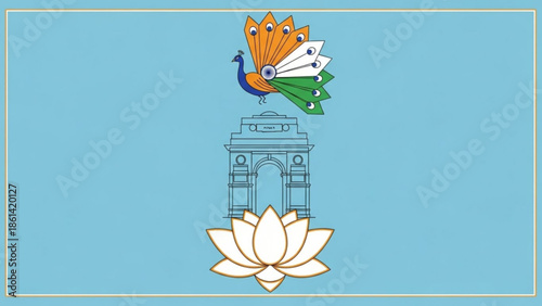 Indian monument india gate with peacock and lotus flower on blue background, vector illustration