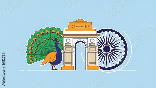 Indian monument india gate archway with peacock and ashoka chakra wheel illustration on blue background