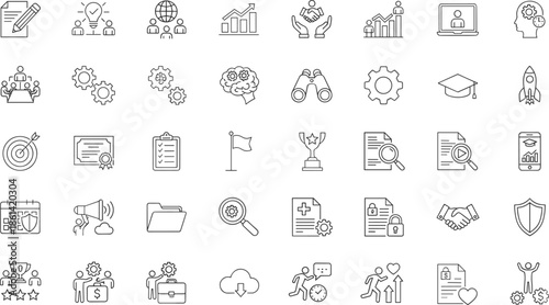 Versatile business growth and corporate strategy line icon set featuring leadership symbols, financial success charts, teamwork collaboration icons, and professional career development concepts.
