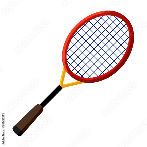 Vibrant red tennis racket with brown handle and blue strings