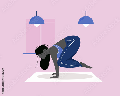 A flat vector illustration of a woman in a blue and dark blue outfit performing the Crow yoga pose on a white mat in a pink room with two blue pendant lamps and a window.