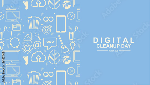 Light blue banner for Digital Cleanup Day featuring white line icons pattern of computers, trash, phones, and eco symbols, perfect for digital declutter awareness campaigns. Vector illustration