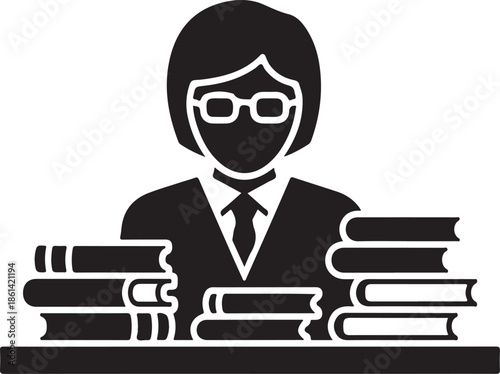 A woman wearing glasses and a face mask sits at a desk surrounded by stacks of books