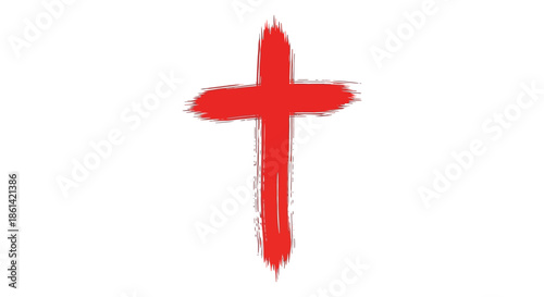 A striking brushstroke style red cross stands prominently against a clean stark white background symbolizing faith