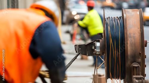 Workers installing underground fiber optic cable. The coil of wire is staged along the city street. Construction workers maintain the city's telecom network for homes and businesses.