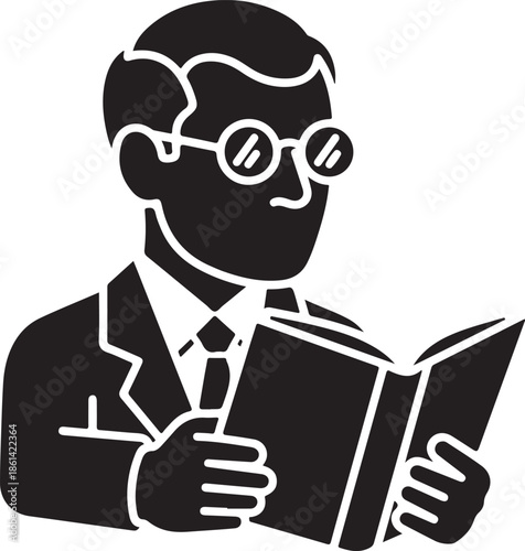 Man reading a book in a quiet environment from a front viewpoint