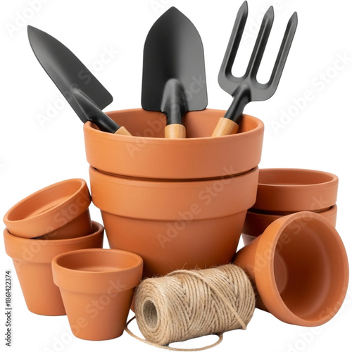 A collection of terracotta pots and gardening tools on transparent background