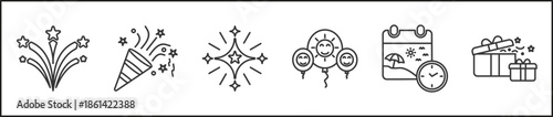 new year icon set collection in outline style. Icon pack contain , new year, gift, celebration, firework, decoration, holiday,