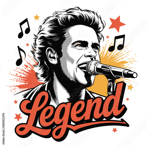 Illustration of a legendary male singer performing live on stage with a microphone.
