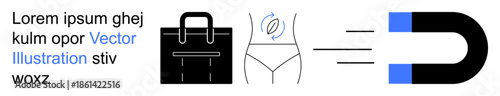 Marketing, branding, consumer behavior, advertising, shopping, attraction. A shopping bag, a sketched female body and a magnet. Marketing and consumer behavior concept