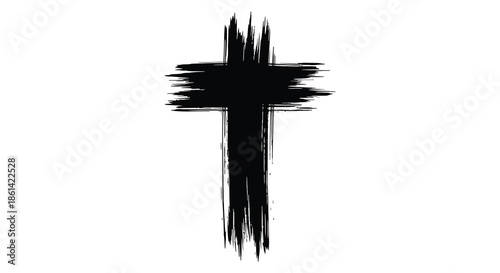a rough textured black cross illustration against a plain white backdrop symbolizing faith and spirituality