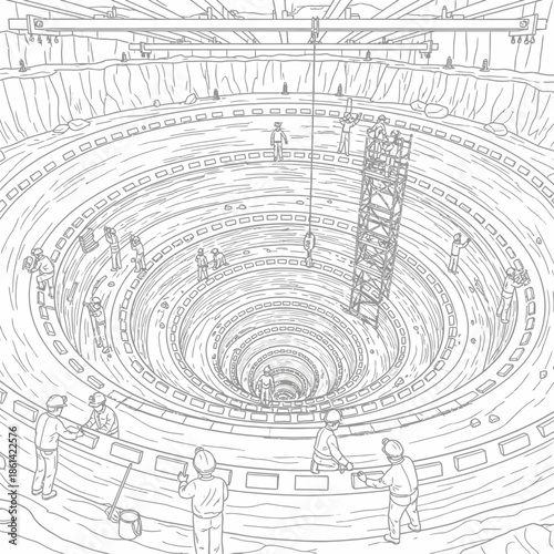 Construction of a massive deep well with workers and equipment.