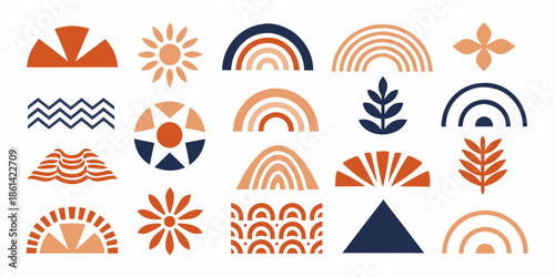 A collection of colorful stylized abstract shapes and rainbow designs