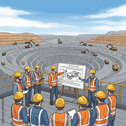 Construction workers gathered around a blueprint discussing a project plan.