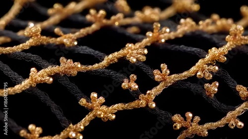 Macro shot of golden woven mesh texture on black
