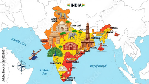 Colorful map of india with famous landmarks and monuments illustration