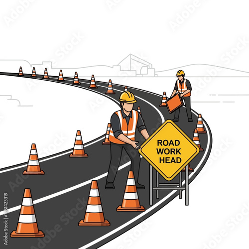 Construction workers setting up road work ahead sign and traffic cones.