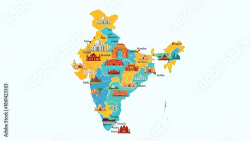 Colorful map of india with famous landmarks and monuments illustration