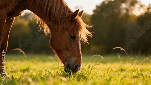 Chestnut colored domestic horse grazing on tall green grass in warm golden light during sunset.